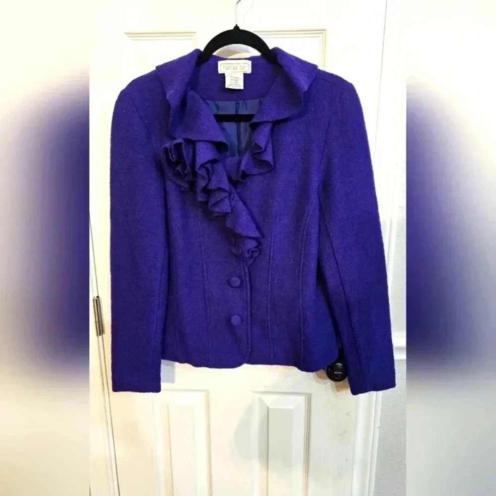 100% Wool Ruffle Coat Small Jacket Boiled Purple Flower Royal Purple